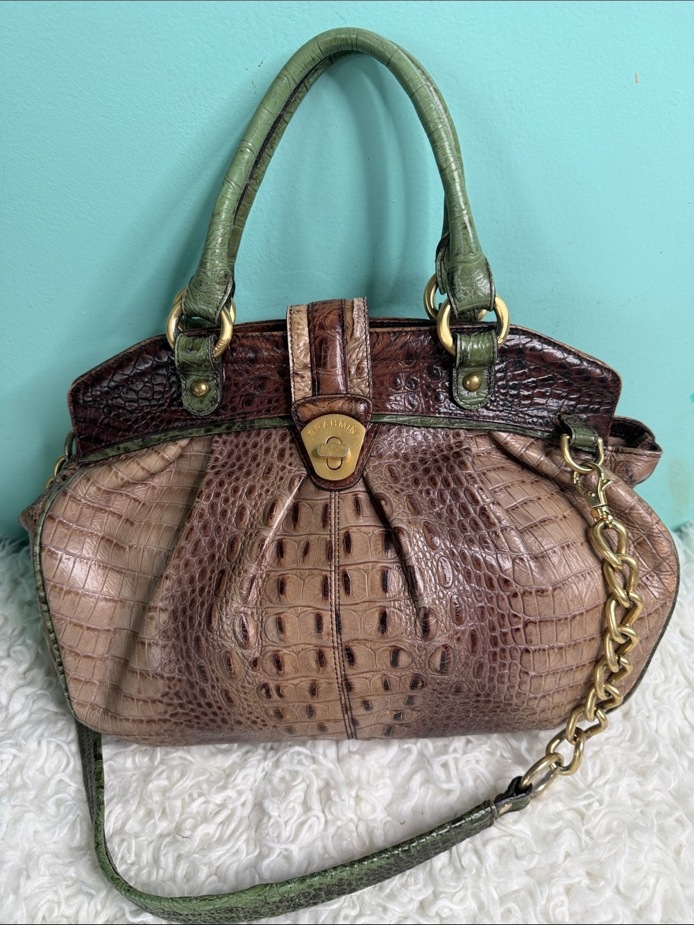 Brahmin Green, Brown and Tan Croc-Embossed Satchel